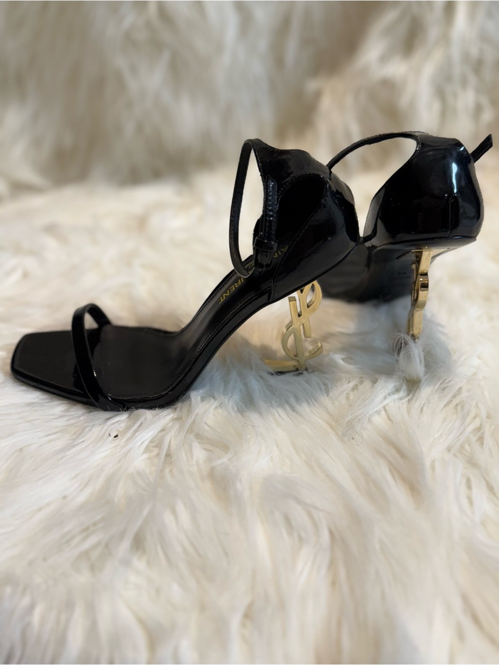 Saint Laurent Black Patent Leather Sandal Heels with Gold Sculptural Heel - Picture 6 of 15